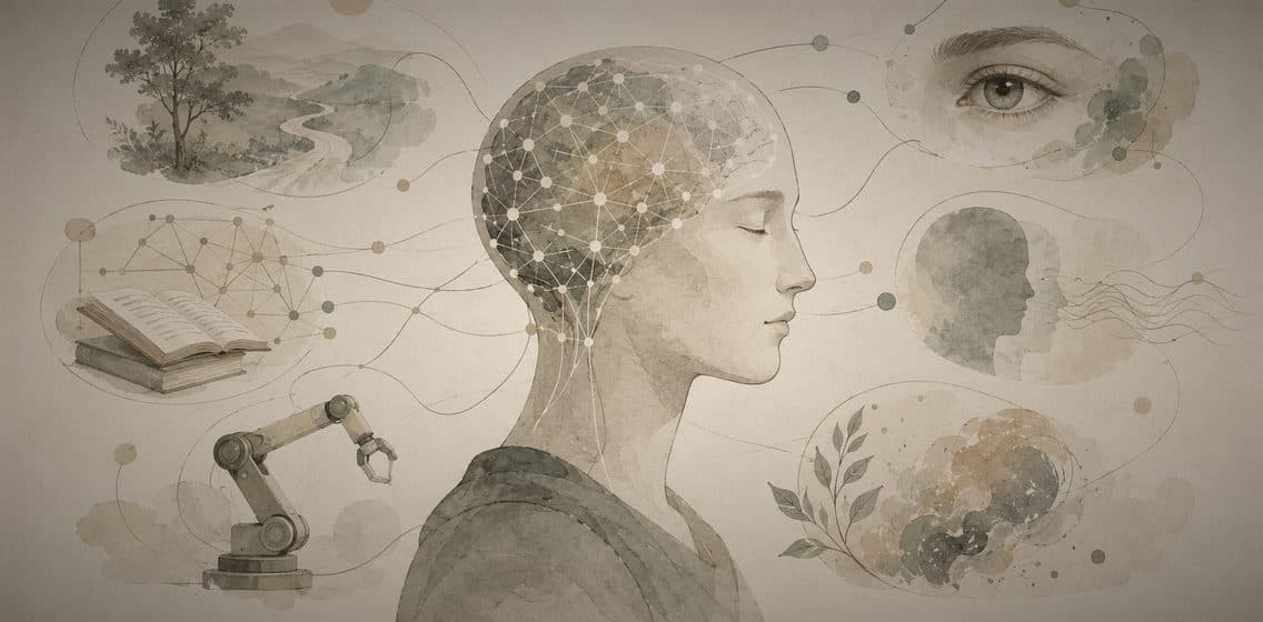 작은 예시들 — 스케치, 단편, 조각 — 이 위로 떠올라 흐릿한 하나의 윤곽으로 모이는 장면. 많은 예시가 하나의 학습된 행동으로 응축된다는 의미.