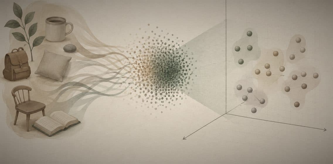 Inline editorial illustration evoking Embedding: a dense vector that places meaning into space.