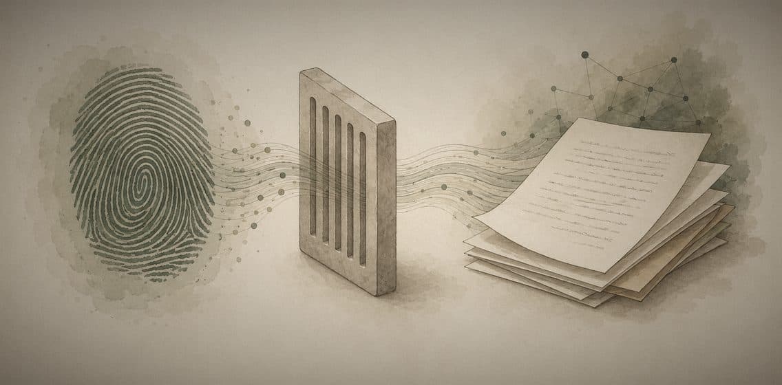Inline editorial illustration evoking Hashing: a one-way function from data to fingerprint.