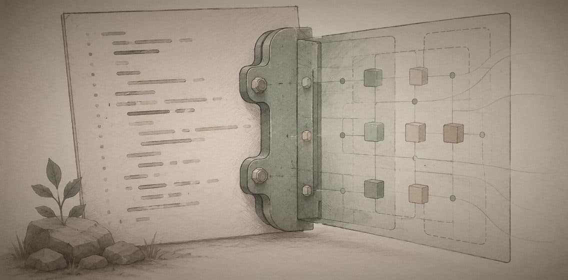 Inline editorial illustration evoking TypeScript: javascript with a type system bolted carefully on.