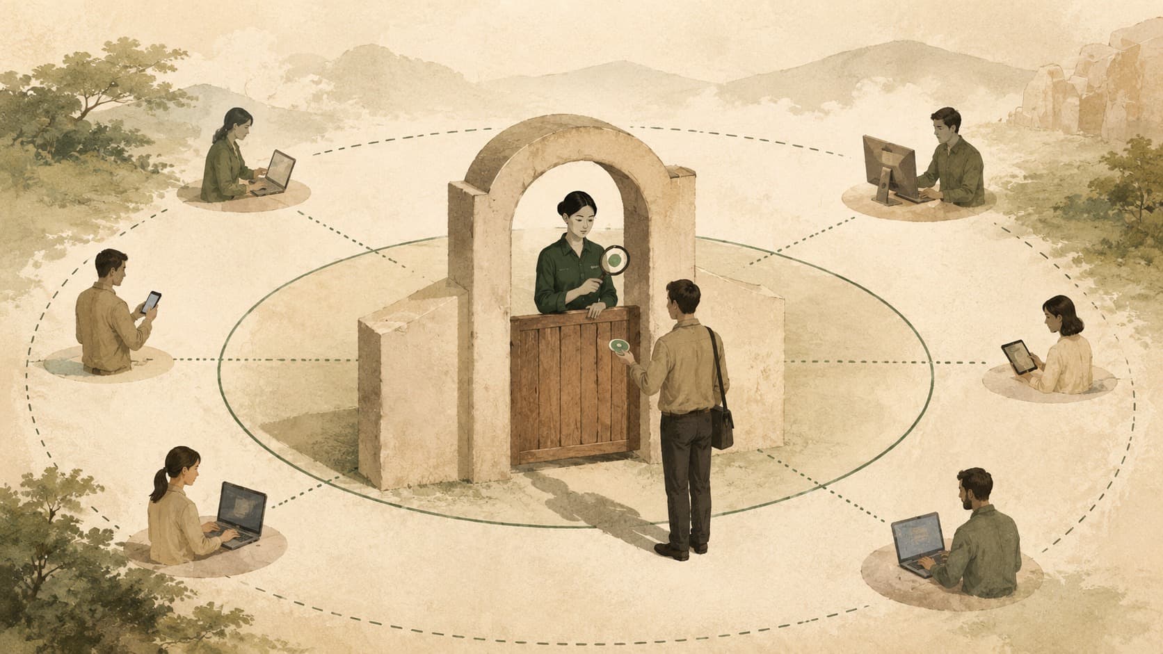 Inline editorial illustration evoking Zero Trust: never trust the network; verify every request.
