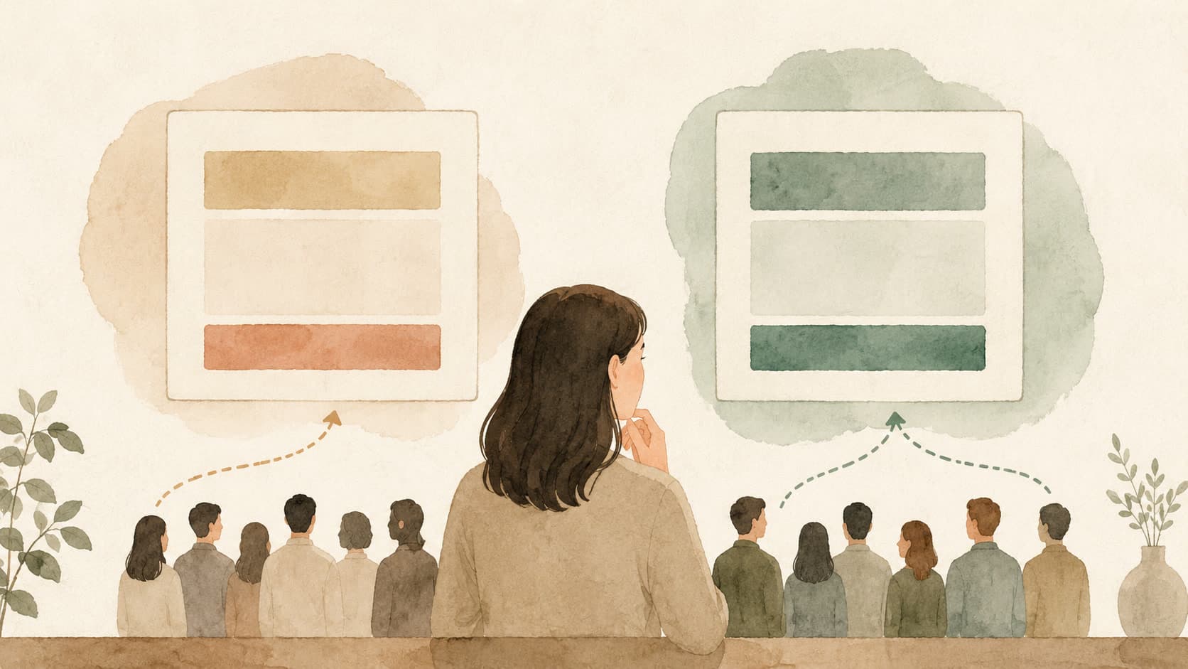 Editorial illustration representing A/B Testing: Showing two versions to see which performs.