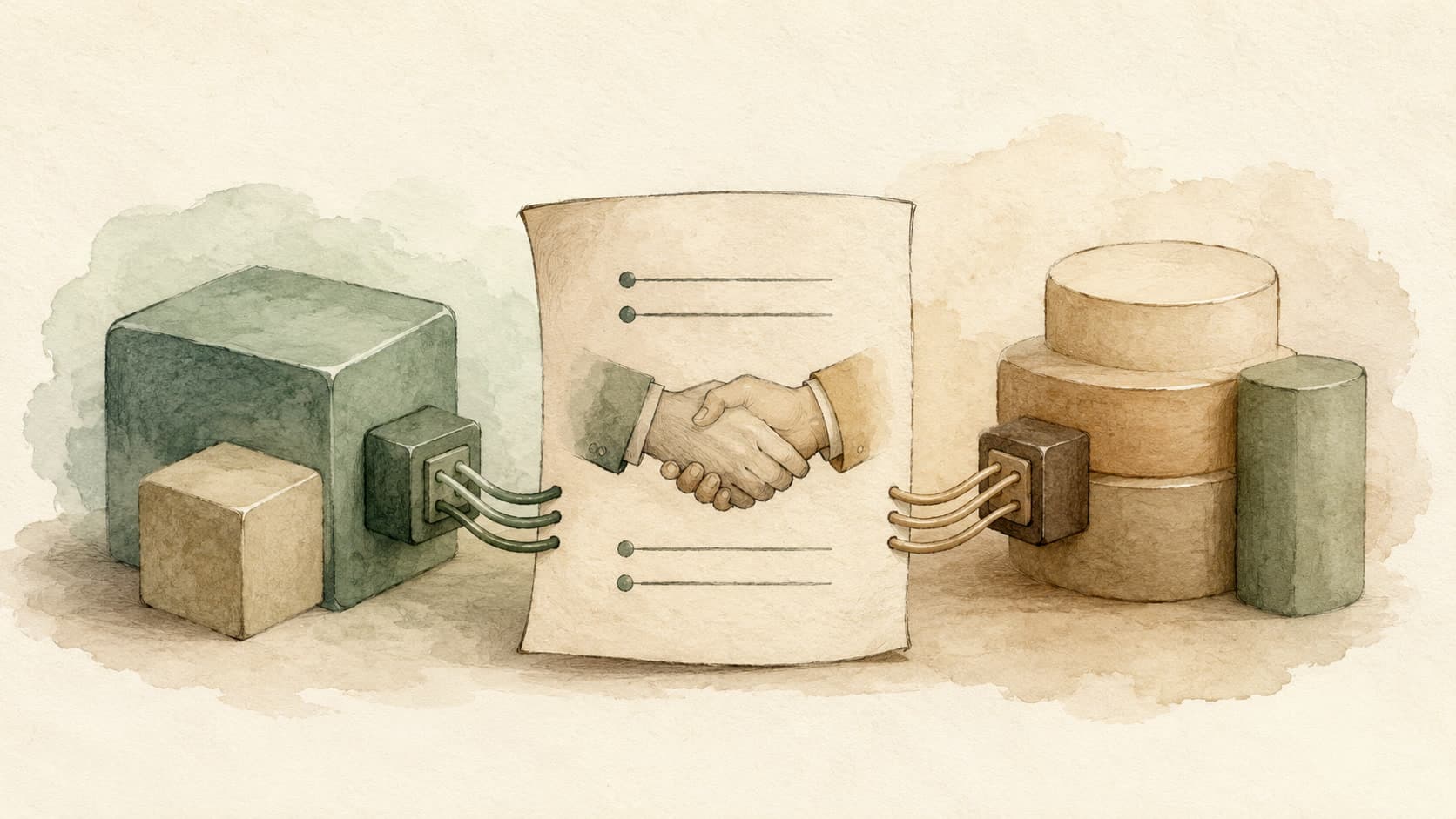 Editorial illustration representing API: A contract for one program to call another.