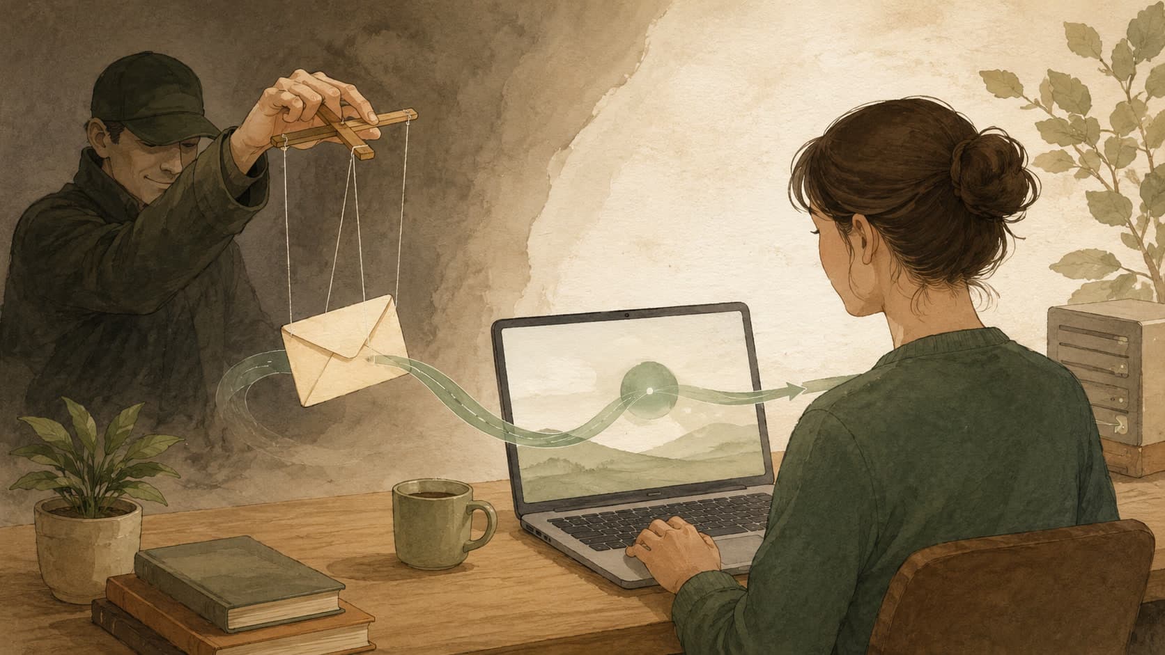 Editorial illustration representing CSRF: Tricking a logged-in user's browser into acting.