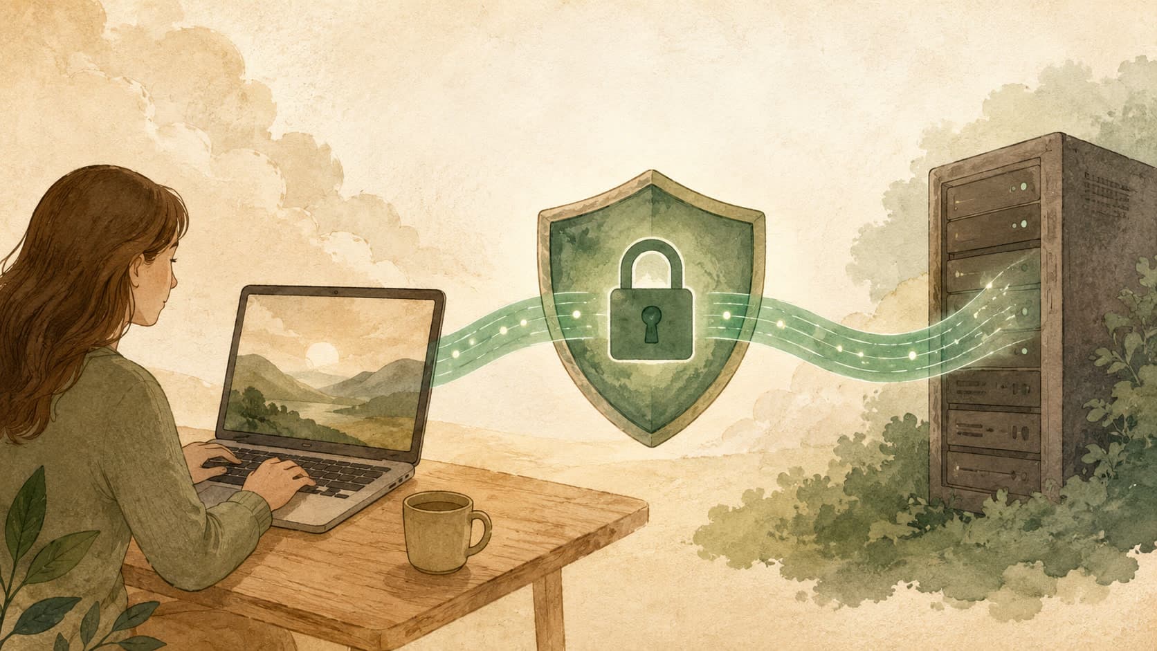 Editorial illustration representing HTTPS: HTTP over TLS — the encrypted web.