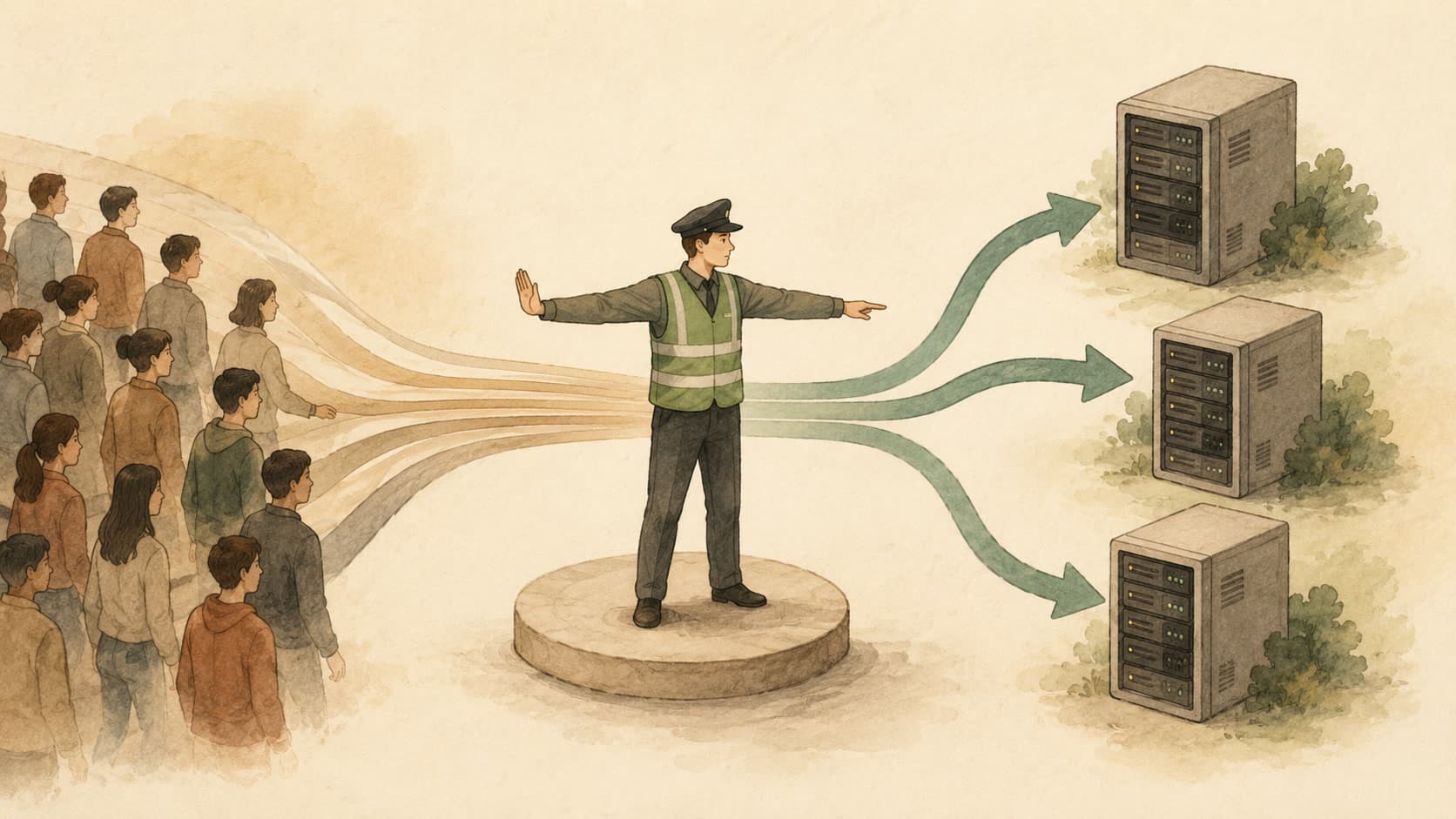 Editorial illustration representing Load Balancer: A traffic cop that spreads requests across servers.