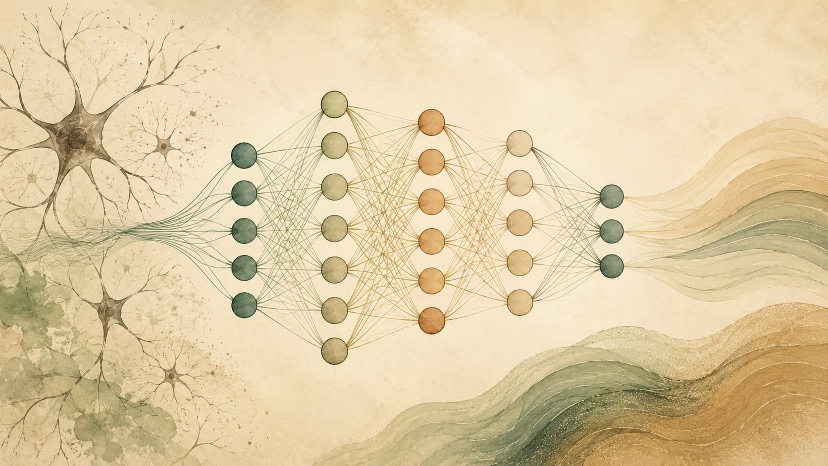 Editorial illustration representing Neural Network: Layered weights, loosely modeled on neurons.