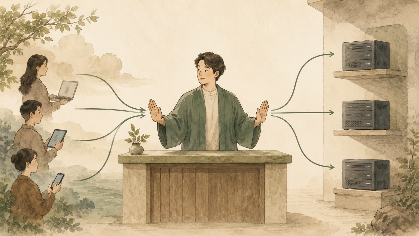 Editorial illustration representing Reverse Proxy: A polite middleman that fronts your services.