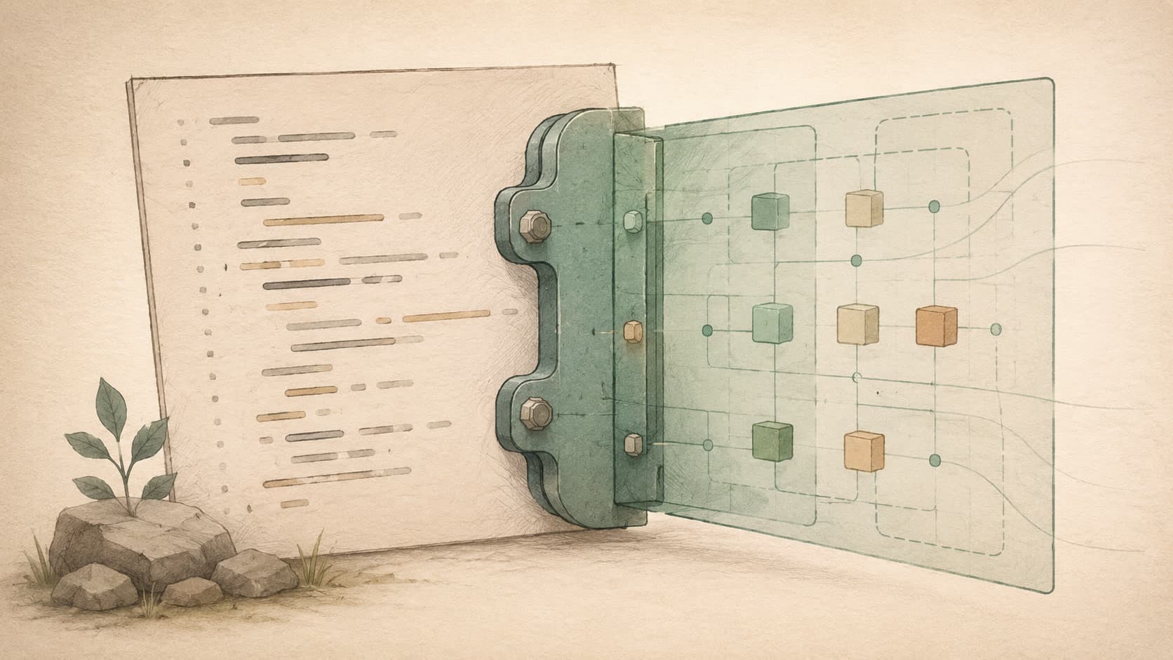 Editorial illustration representing TypeScript: JavaScript with a type system bolted carefully on.