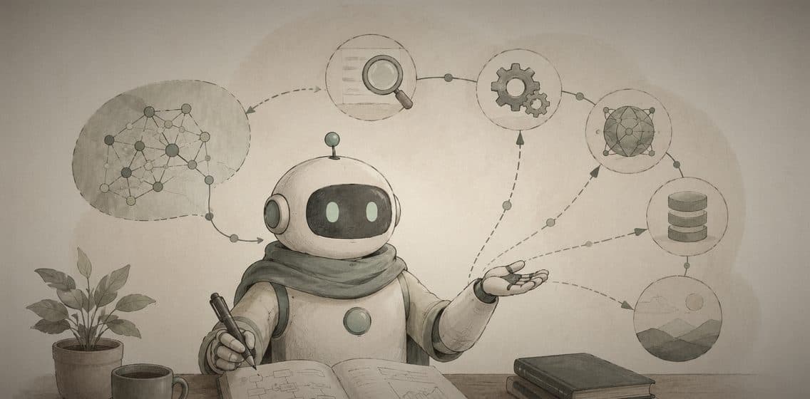 Inline editorial illustration evoking AI Agent: a model that plans, calls tools, and takes turns.