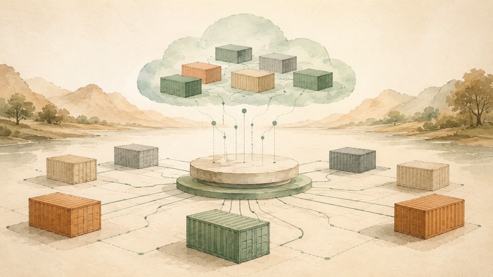 Kubernetes의 개념을 본문 안에서 다른 각도로 비춰 보는 편집형 일러스트.