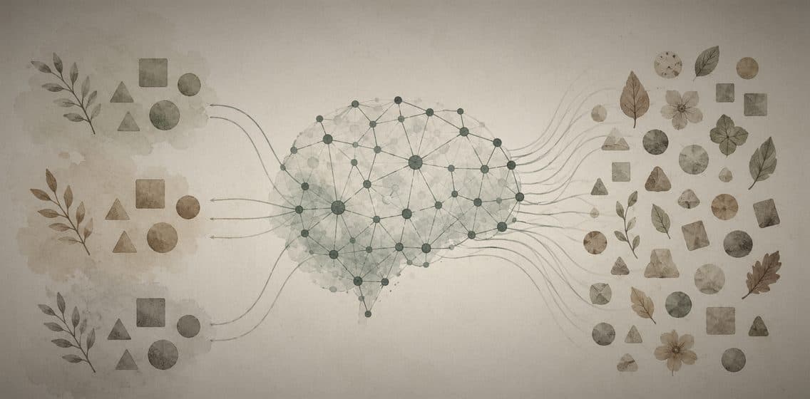 Inline editorial illustration evoking Machine Learning: programs that improve from examples instead of rules.