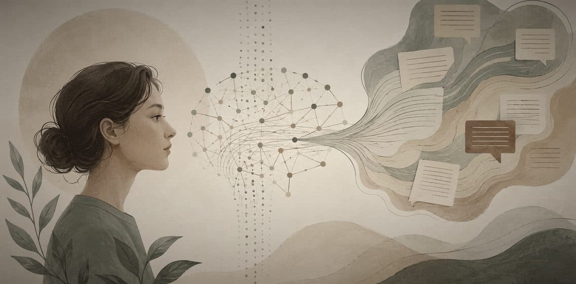 Inline editorial illustration evoking NLP: natural language processing — the science of text.