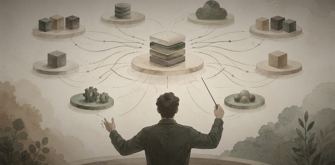 Inline editorial illustration evoking Orchestration: coordinating many moving parts on a schedule.