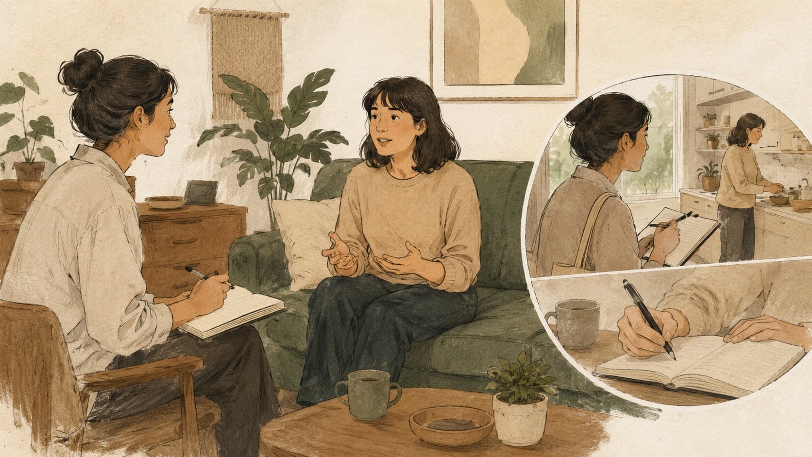 사용자 리서치의 개념을 본문 안에서 다른 각도로 비춰 보는 편집형 일러스트.