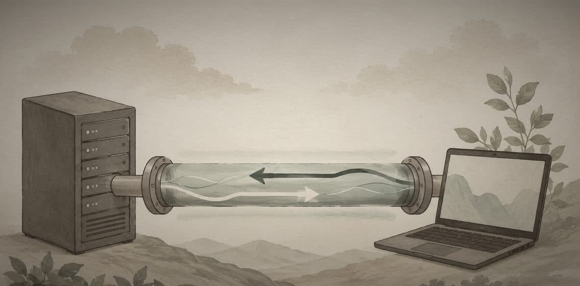 Inline editorial illustration evoking WebSocket: a persistent two-way pipe over http.