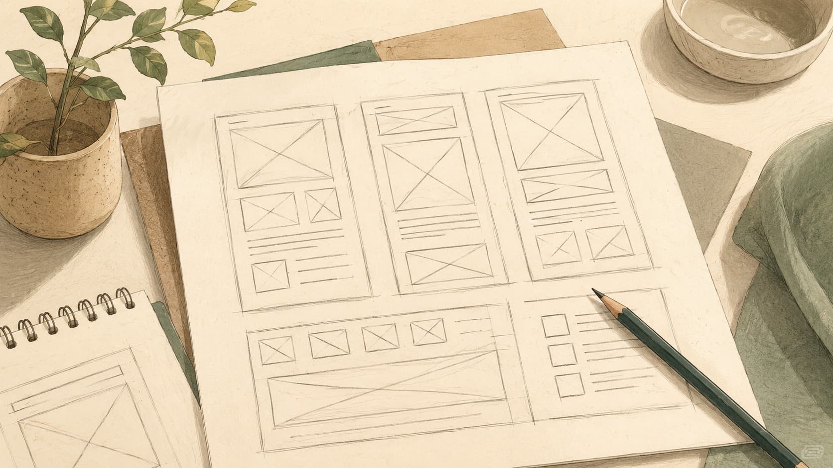 Inline editorial illustration evoking Wireframe: a low-fidelity sketch of structure before style.