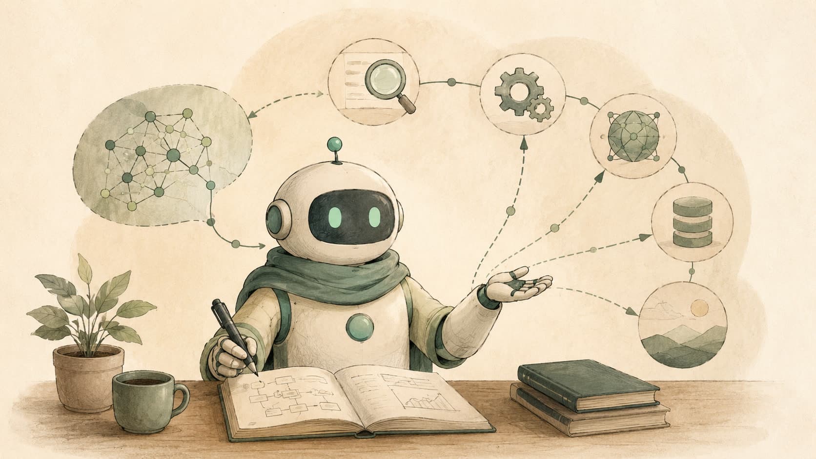 Editorial illustration representing AI Agent: A model that plans, calls tools, and takes turns.