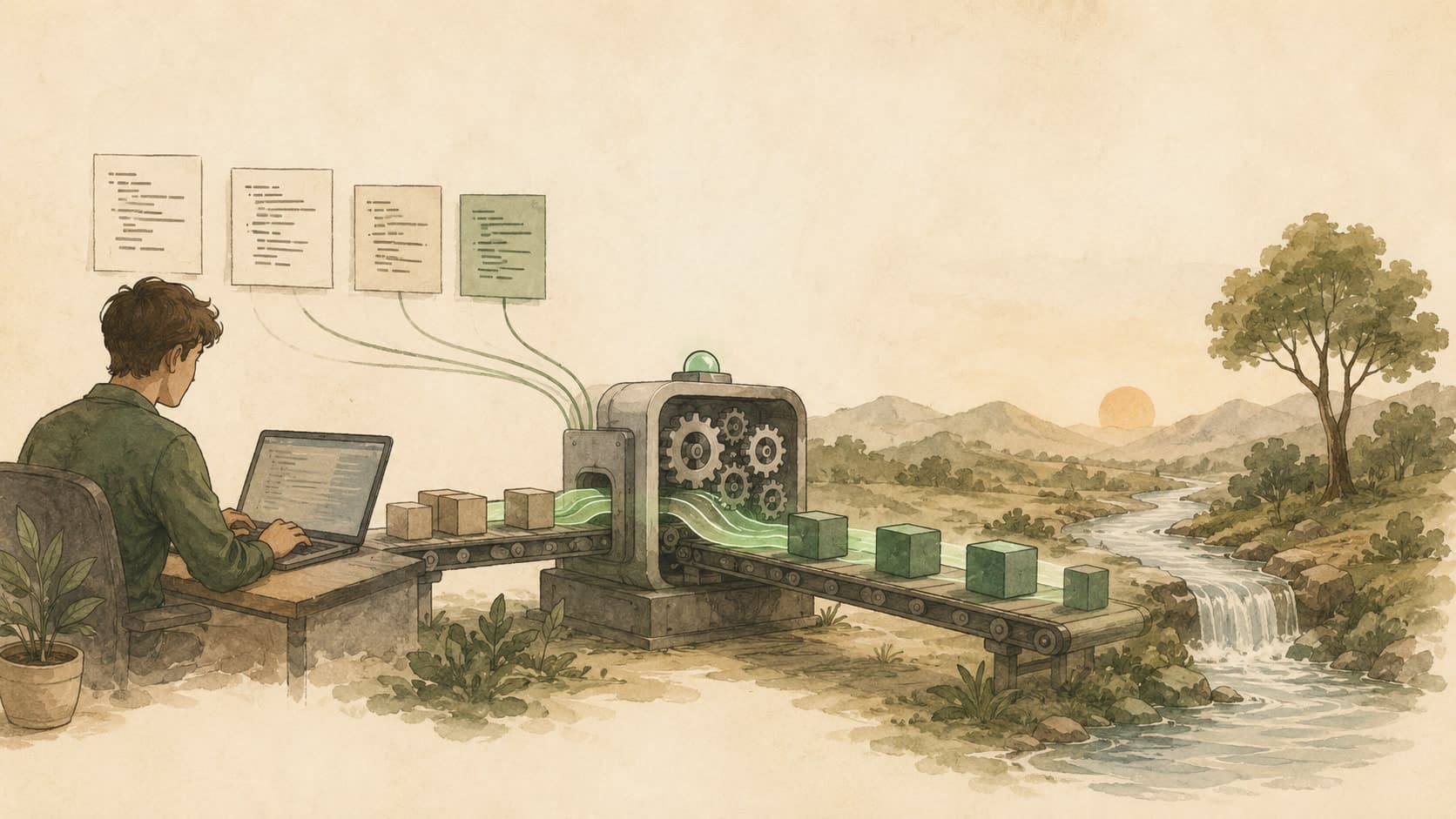 Editorial illustration representing CI/CD: Continuous Integration and Continuous Delivery.