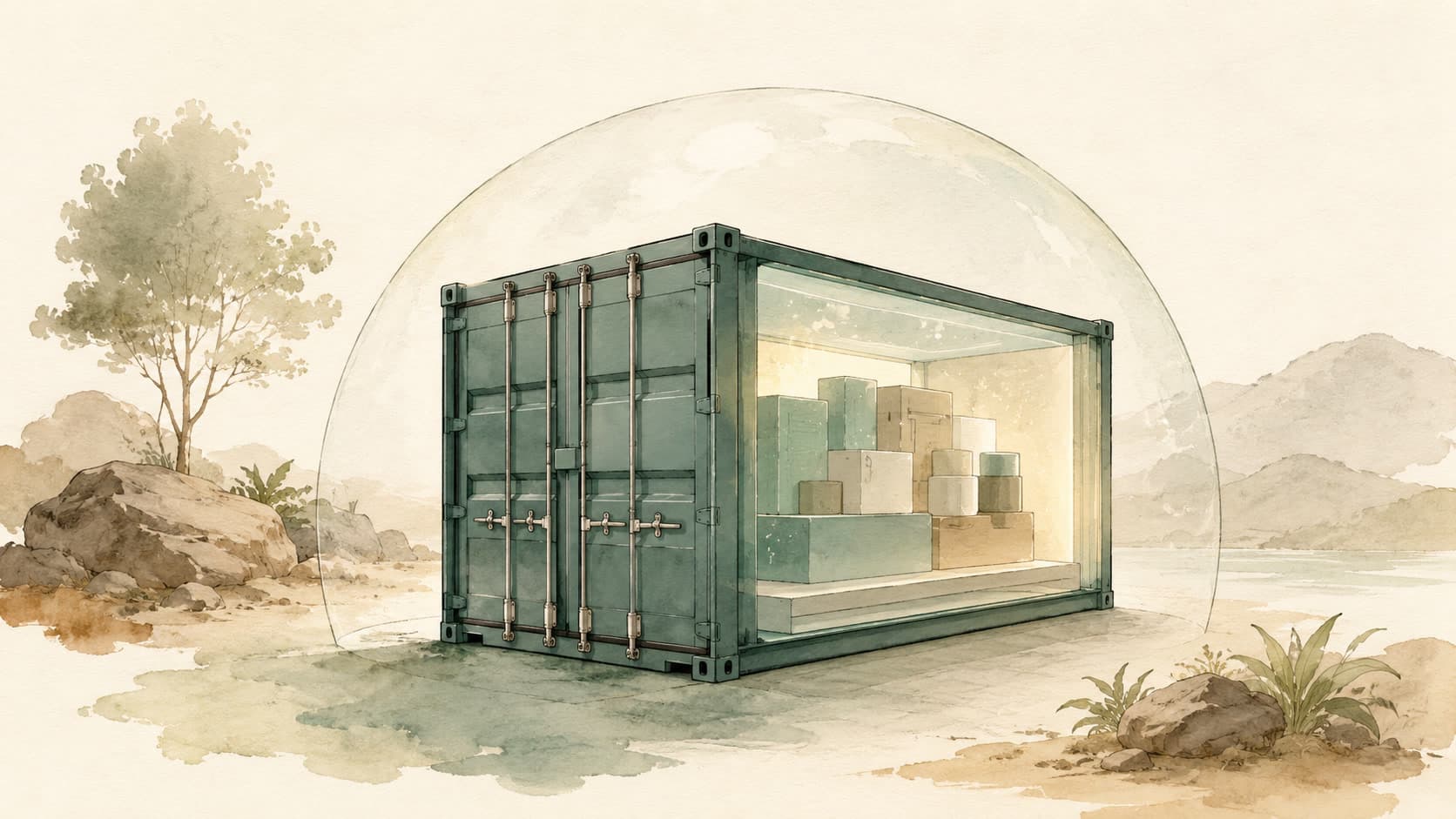 Editorial illustration representing Container: An isolated, portable unit of running software.