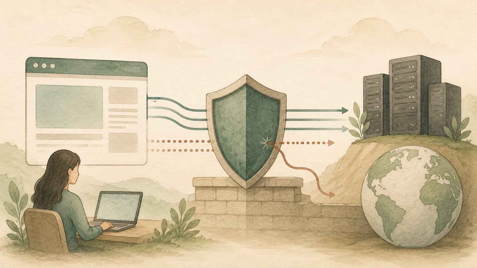 Editorial illustration representing CORS: Browser rules for cross-origin HTTP requests.