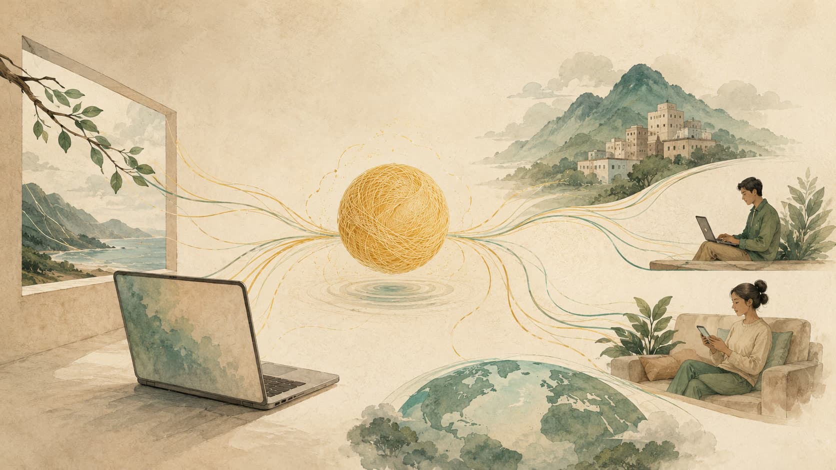 Editorial illustration representing JavaScript: The language of the browser, now everywhere.