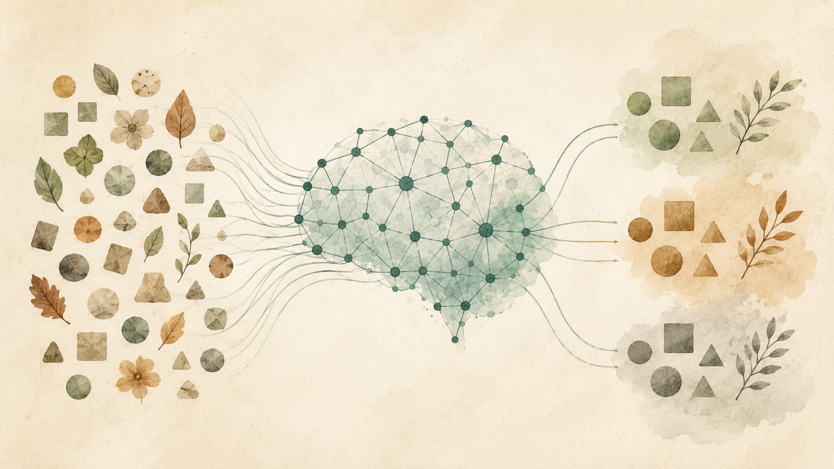 Editorial illustration representing Machine Learning: Programs that improve from examples instead of rules.