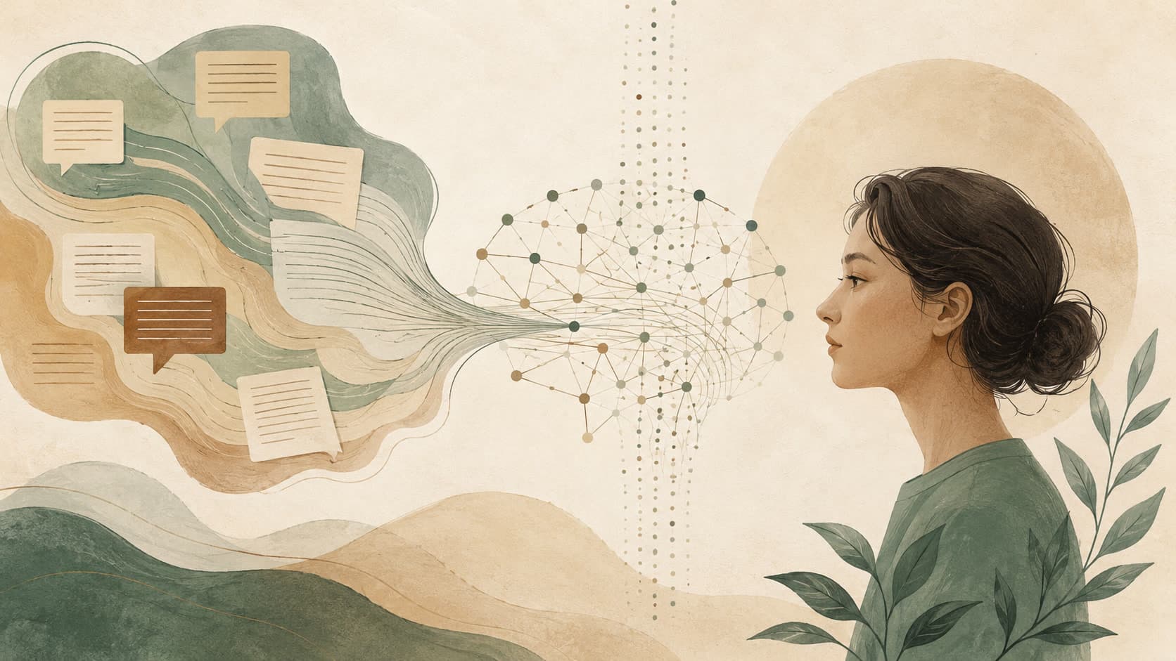 Editorial illustration representing NLP: Natural Language Processing — the science of text.
